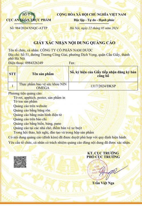 xác nhận qảng cáo Thực phẩm bảo vệ sức khỏe NIN OMEGA