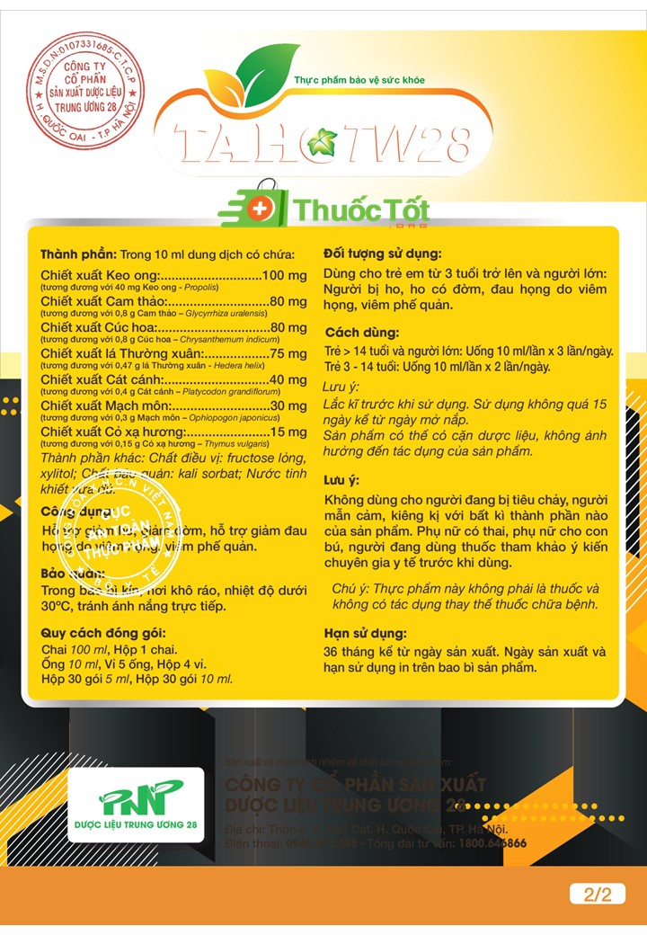 THUỐC TAHOTW28 Dược Liệu Trung Ương 28